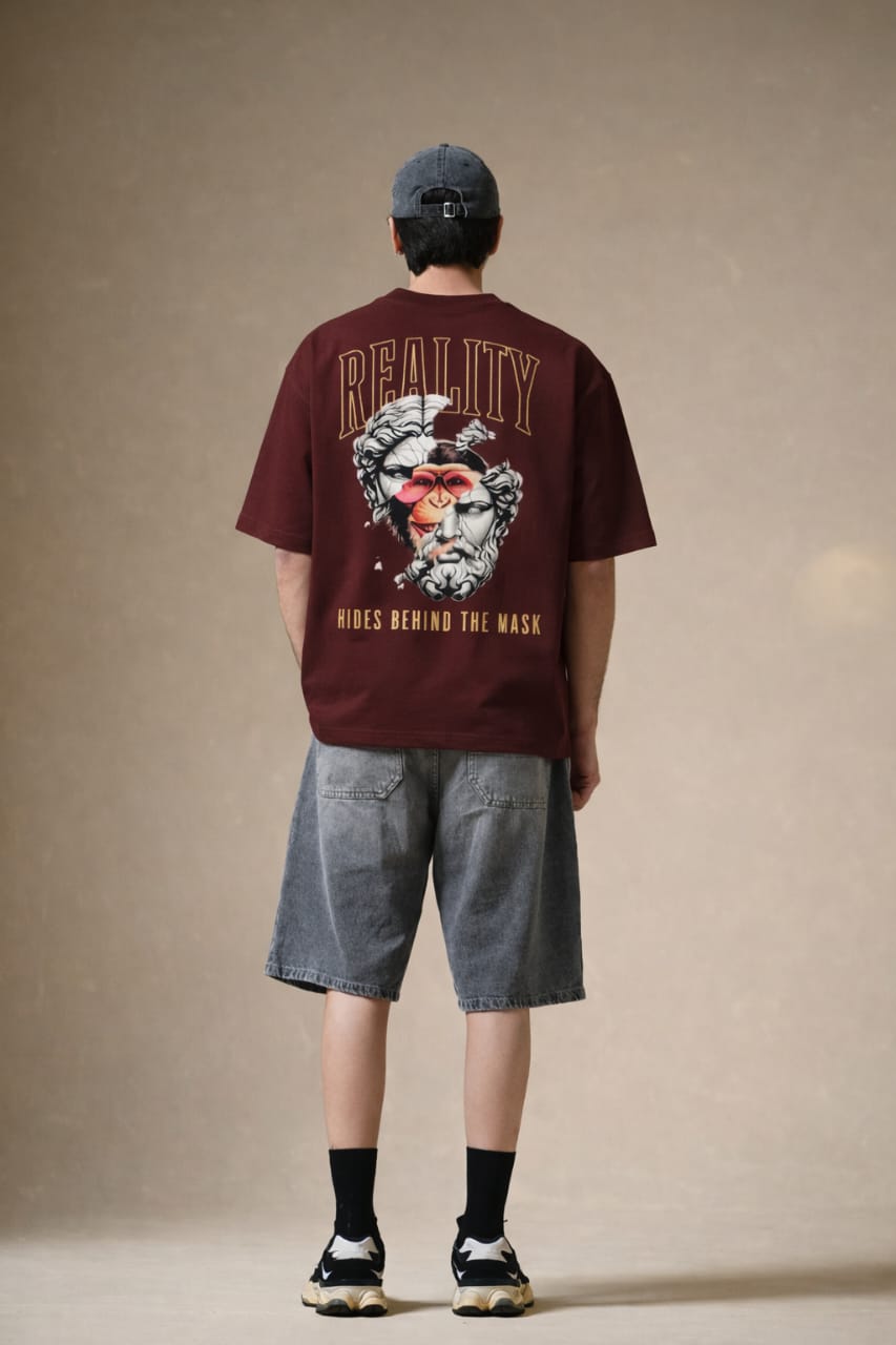 Reality Mask Print Cotton T-Shirt - Black & Maroon