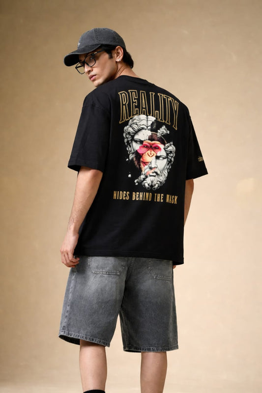 Reality Mask Print Cotton T-Shirt - Black & Maroon