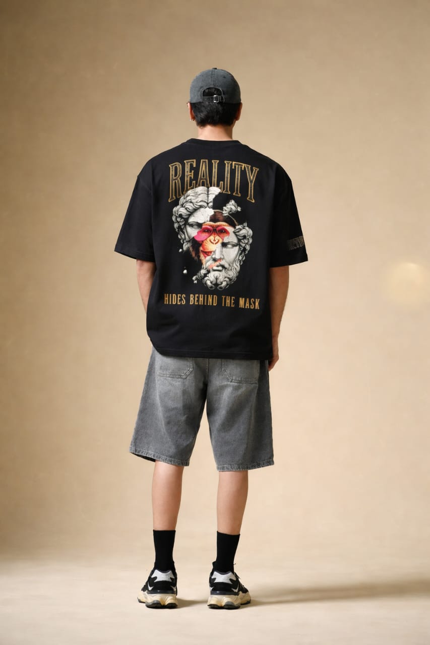 Reality Mask Print Cotton T-Shirt - Black & Maroon