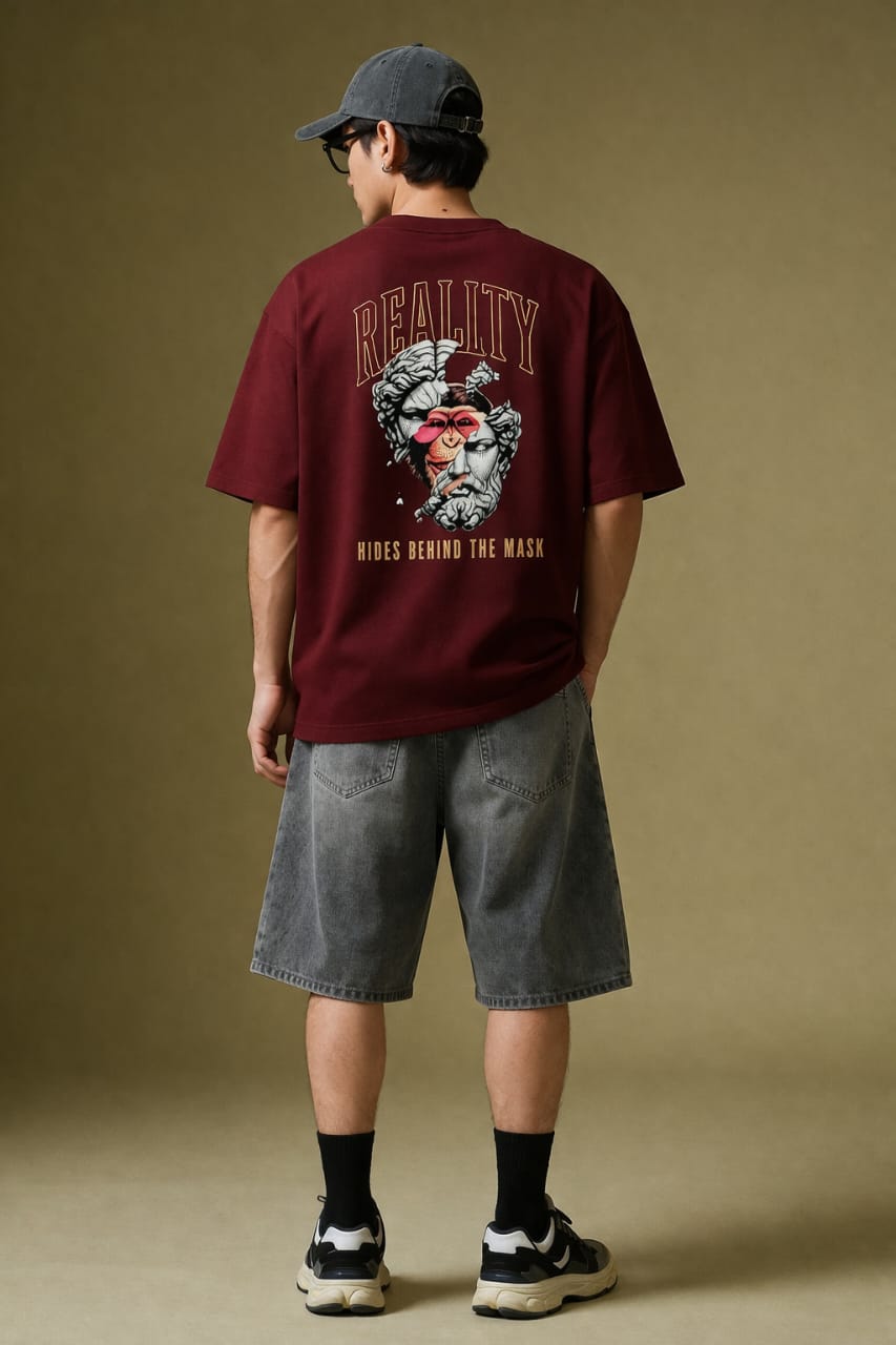 Reality Mask Print Cotton T-Shirt - Black & Maroon