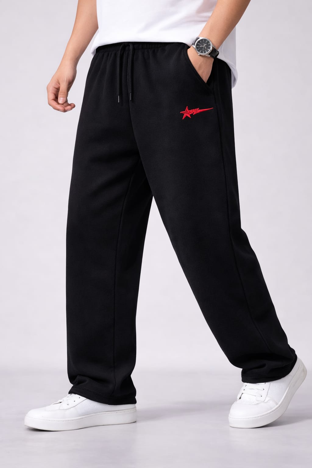 Men Solid Black Cotton Blend Loose Fit Casual Sweatpants
